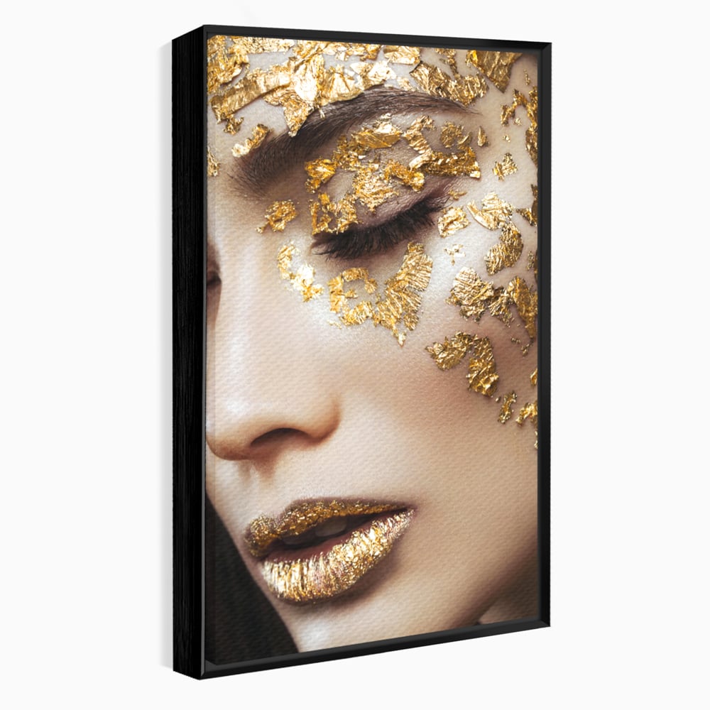 Tablou canvas cu portret feminin cu aplicatii aurii, in rama de aluminiu negru